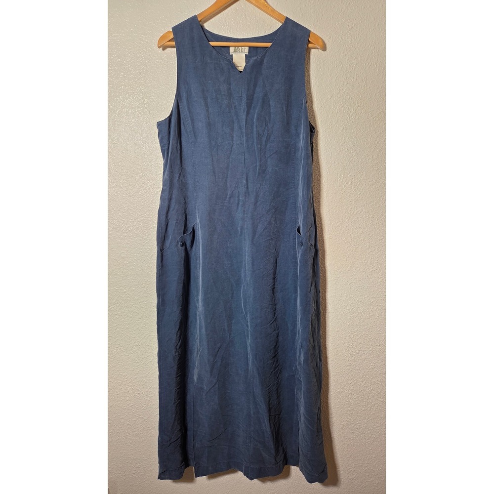REI Blue Rayon Linen Blend Sleeveless Maxi Dress L Pockets Travel Resort Casual - Picture 2 of 9